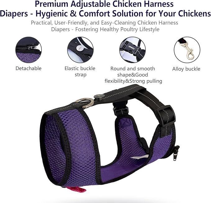 Chicken Harness Hen Size with 5.5ft Matching Leash – Adjustable, Resilient, Comfortable, Breathable, Large Size, Suitable for Chicken Weighing About 6.6 Pound,Purple