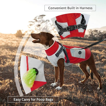 IECOii Dog Coat with Harness Built in -Red