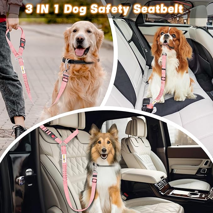 Dog Seat Belt for Car, Adjustable 4-in-1 Dog Car Seatbelt Leash with Hook & Buckle, Reflective Dog Seatbelt Harness for Car with Vehicle Car Headrest & Swivel Carabiner and Poop Bag, Pink