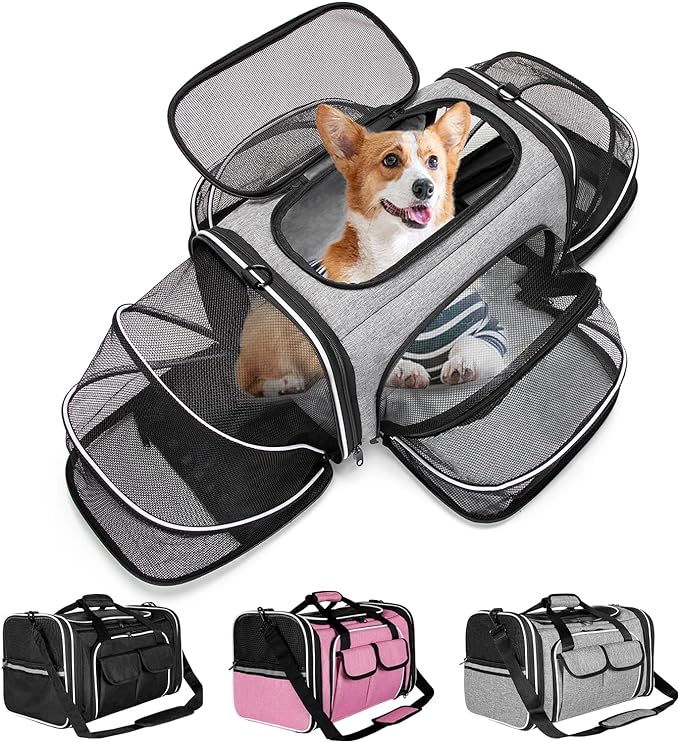 Estarer Soft Sided Pet Carrier Airline Approved, 4 Sides Expandable Collapsible Cat Carrier with Pockets & Removable Fleece Pad, Travel Carrier Bag for Cat Dog & Small Animals (Grey)