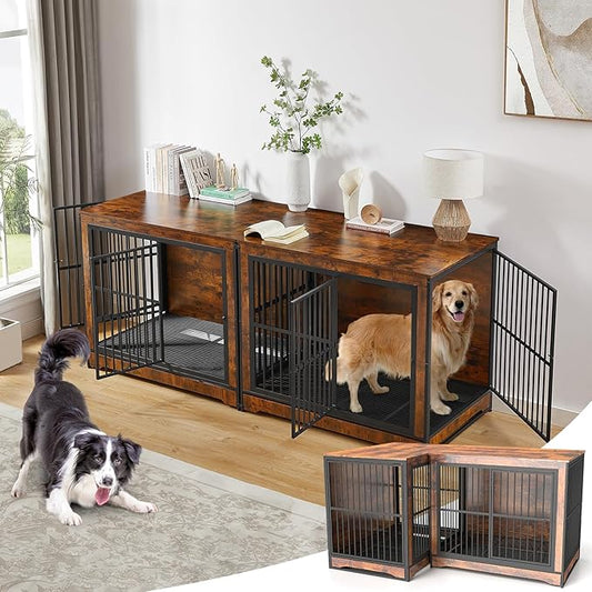 Rovibek Double Dog Crate Furniture 86 Inch, 2 Dog 2 Dogs