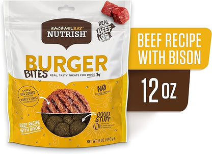 Rachael Ray Nutrish Burger Bites Real Meat Dog Treats, Beef Burger with Bison Recipe, 12 Ounces, Grain Free