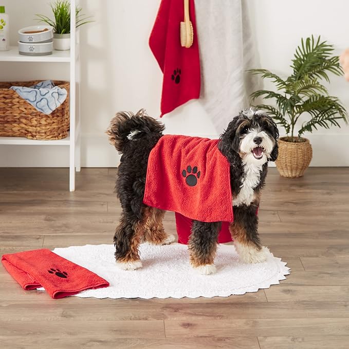 Bone Dry Pet Grooming Towel Collection Embroidered Absorbent Microfiber Drying Set, 15x30, Red, 3 Count