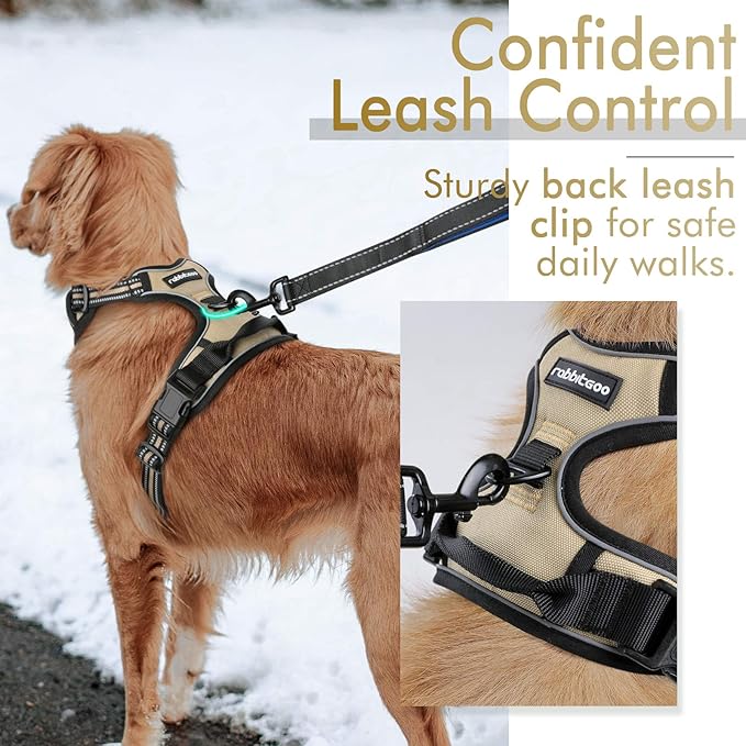 rabbitgoo Dog Harness, No-Pull Pet Harness with 2 Leash Clips, Adjustable Soft Padded Dog Vest, Reflective No-Choke Pet Oxford Vest with Easy Control Handle for Large Dogs, Beige, XL