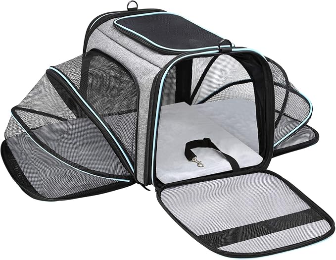 Airline Approved Portable Pet Carrier 2 Sides Expandable Soft-Sided Large Cats Carrier Collapsible Kennel Travel TSA Carrier 4 Doors with Removable Pads and 3 Pockets for Puppy Small Dogs