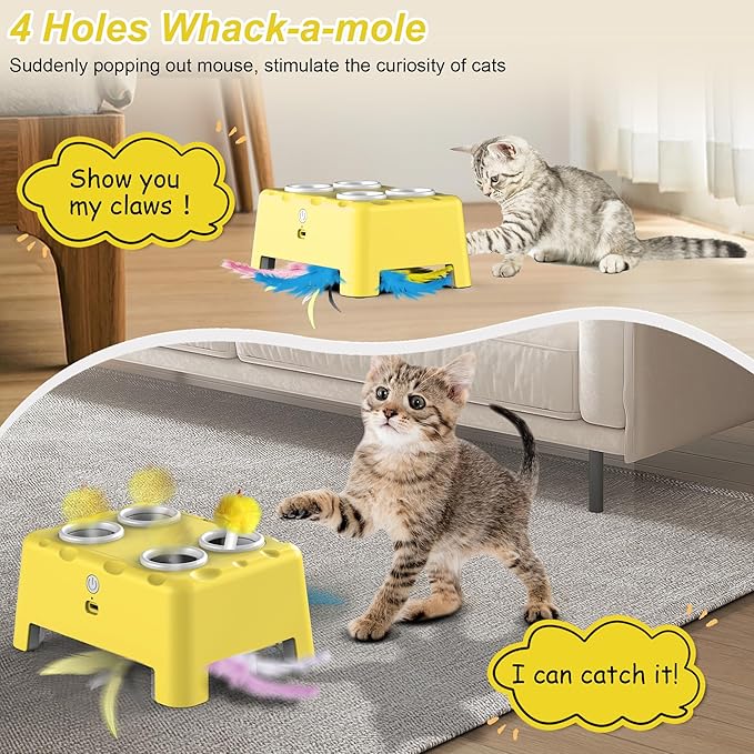 Interactive Cat Toys, 2-in-1 Automatic Cat Toy, 4 Holes Mice Whack A Mole Cat Mouse Toy with Moving Feather, Portable USB Rechargeable Electronic Kitten Toys (Yellow)