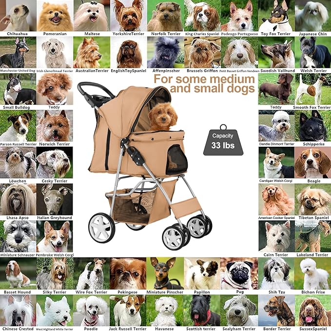 Pet Stroller for Small Dogs and CatsQuick-Folding Portable Travel Cat Dog Stroller with Storage Basket and Cup Holder 4 Wheels,