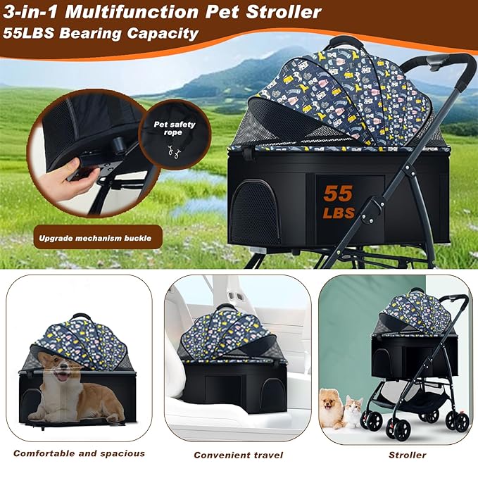 Pet Stroller 3 in 1 Folding Lightweight Dog Stroller with Detachable Carrier & Storage Basket 4 Wheels