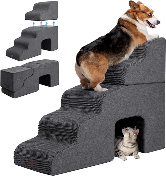 Dog Stairs for High Beds with Tunnel, 5-Step Dog Steps for Small Dogs and Cats, Foldable Pet Stairs for High Bed Climbing, Non-Slip Balanced Pet Step Indoor, Dark Grey