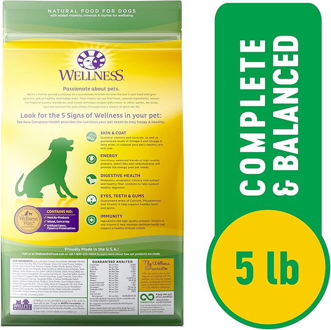 Wellness Complete Health Dry Dog Food with Grains, Natural Ingredients, Made in USA with Real Meat, All Breeds, For Adult Dogs (Lamb & Barley, 5-Pound Bag)