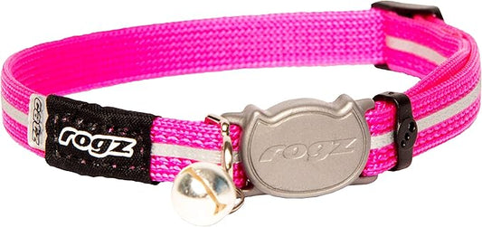 Rogz Reflective Nylon Cat Collar with Breakaway Clip and Removable Bell, fully adjustable to fit most breeds, Pink