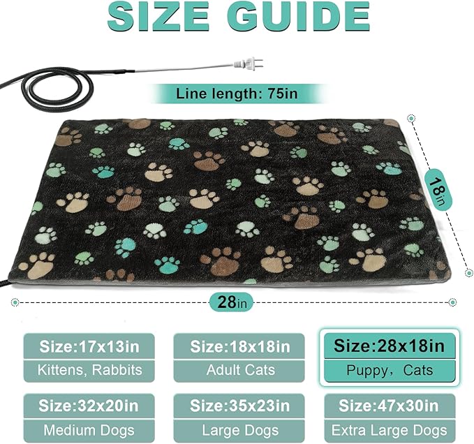 Pet Heating Pad 28x18 in Cat Heating Pads for Cats，Waterproof Heated Cat Bed
