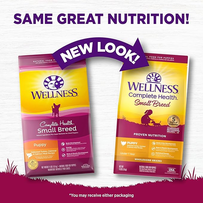 Wellness Complete Health Small Breed Dry Dog Food with Grains, Natural Ingredients, Made in USA with Real Turkey, For Dogs Up to 25 lbs. (Puppy, Turkey, Salmon & Oatmeal, 4-Pound Bag)