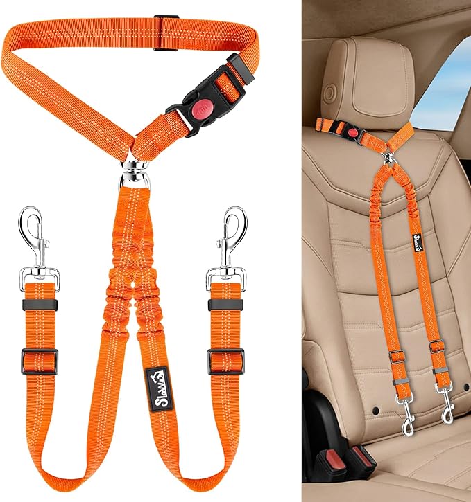 Lukovee Double Dog Seat Belt, New Dual Pet Car Headrest Restraint Safety Seatbelt No Tangle Dog Leash Duty Adjust Elastic Bungee Puppy Lead Splitter Connect Harness in Vehicle Travel for 2 Dogs (OR)