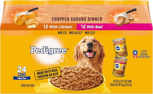 PEDIGREE CHOPPED GROUND DINNER Adult Canned Soft Wet Dog Food Variety Pack, with Chicken and Beef, 13.2 oz. Cans 24 Pack