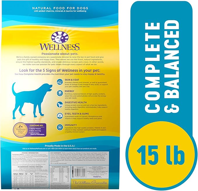 Wellness Complete Health Dry Dog Food with Grains, Natural Ingredients, Made in USA with Real Meat, All Breeds, For Adult Dogs (Whitefish & Sweet Potato, 15-Pound Bag)