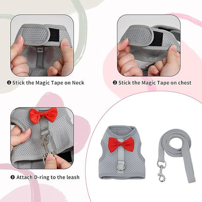 AIITLE Rabbit Harness and Leash Set with Cute Bow, Soft Breathable Mesh Vest Harness for Rabbits Kitten Ferret Puppy Small Pets Walking Supplies Grey L