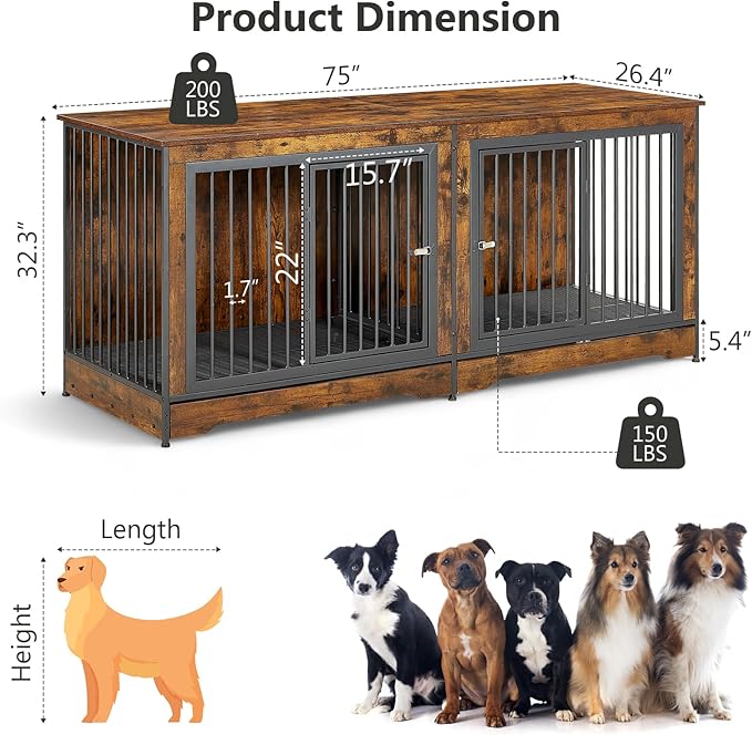 Rovibek Dog Crate TV Stand 75 Inch, 2 Dogs,
