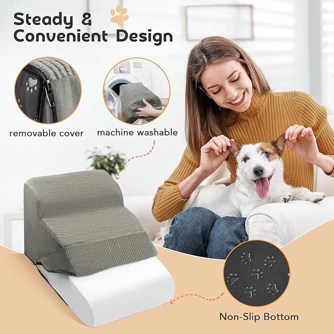 3-Tiers High Density Foam Dog Stairs for High Bed Sofa,Soft Foam Ramp Steps Stairs with Machine Washable Fabric Cover,Slope Stairs Friendly to Pets Joints-1 Lint Roller with 2 Refills,Light Gray