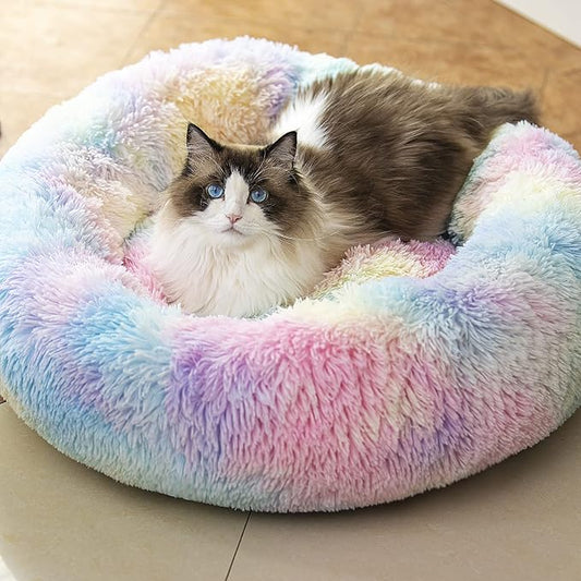 Anti Anxiety Round Fluffy Plush Faux Fur Warm Washable Dog Bed & Cat Bed Sleep（20"/24"/27''） (20",