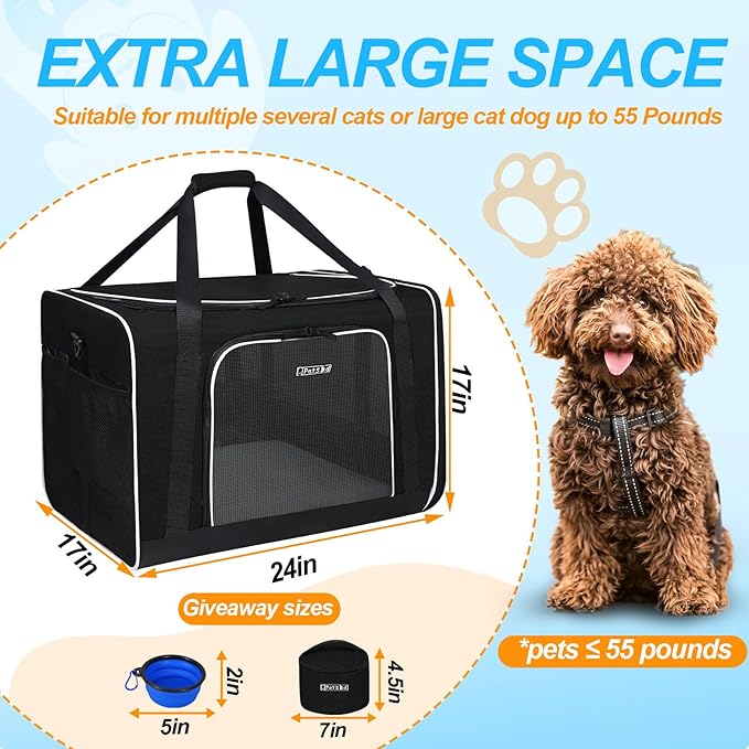 Petskd Pet Carrier 24"x17"x17" for Large Cats Dogs, Pet Carrier for 2 Cats or Medium Dog, Cat Soft Carrier for Car Travel and Hospital with 1 Box, 2 Bowls and Locking Safety Zipper(Black)