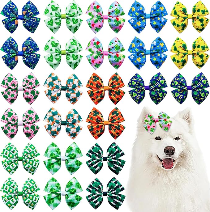 24Pcs/12 Pairs 4" Big St. Patrick's Day Dog Hair Bows with Rubber Band Three