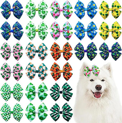 24Pcs/12 Pairs 4" Big St. Patrick's Day Dog Hair Bows with Rubber Band Three
