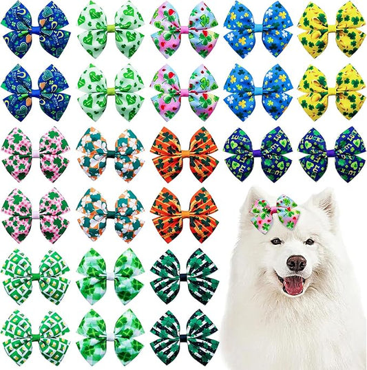 24Pcs/12 Pairs 4" Big St. Patrick's Day Dog Hair Bows with Rubber Band Three