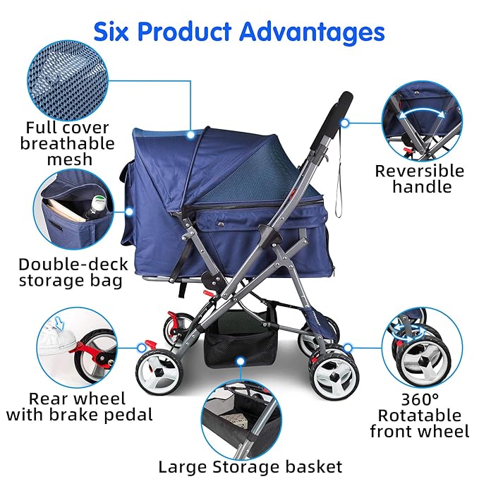 Pet Stroller for Cats Dogs Rabbit with Reversible Handle 40 Pounds,