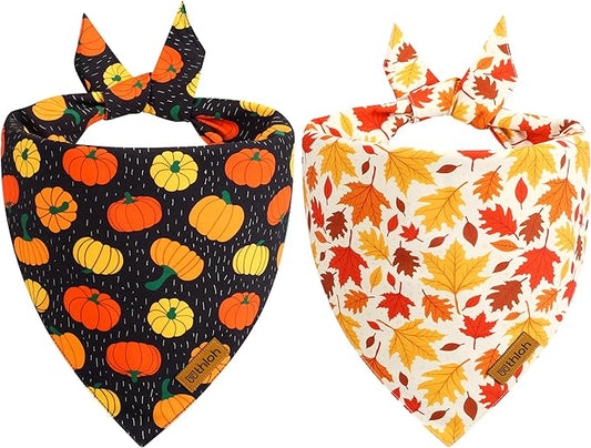 Fall Dog Bandanas - 2 Pack Halloween Thanksgiving Dog Bandana | Reversible Pumpkin and Leaf Pet Scarf for Boy & Girl | Premium Fabric | Holiday Bandana for Large and Extra Large Dogs (X-Large)