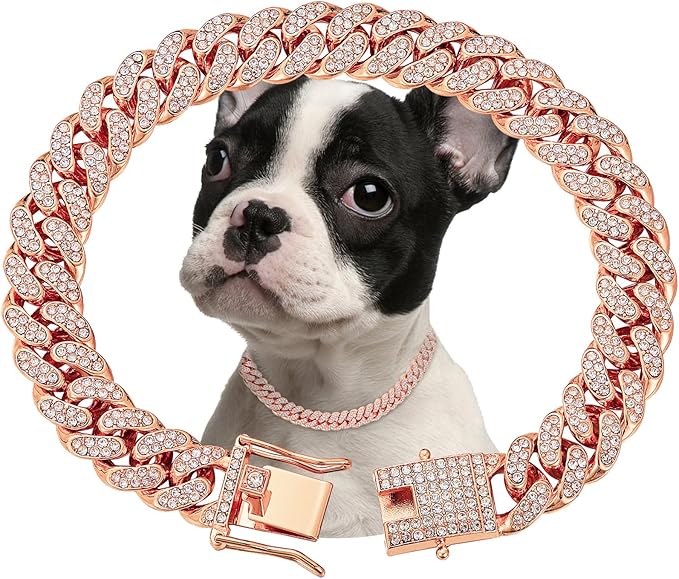 Rosegold Dog Chain Collar Diamond Cuban Link Dog 13mm Wide Cats(20inch)