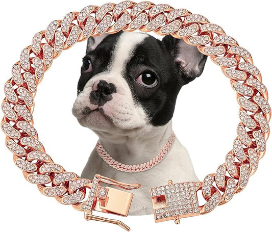 Rosegold Dog Chain Collar Diamond Cuban Link Dog 13mm Wide Cats(20inch)