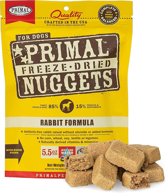 Primal Freeze Dried Raw Dog Food Nuggets, Rabbit, Complete & Balanced Meal, Also Use as Topper or Treat, Premium, Healthy, Grain Free, High Protein Raw Dog Food, 5.5 oz