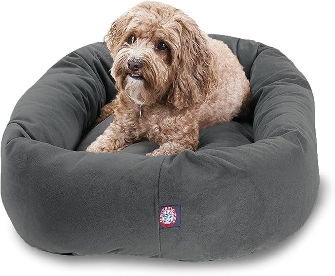 Majestic Pet 32 Inch Suede Calming Dog Bed Washable – Cozy Soft Round Dog Bed with Spine Support for Dogs to Rest their Head 32x23x7 (Inch)