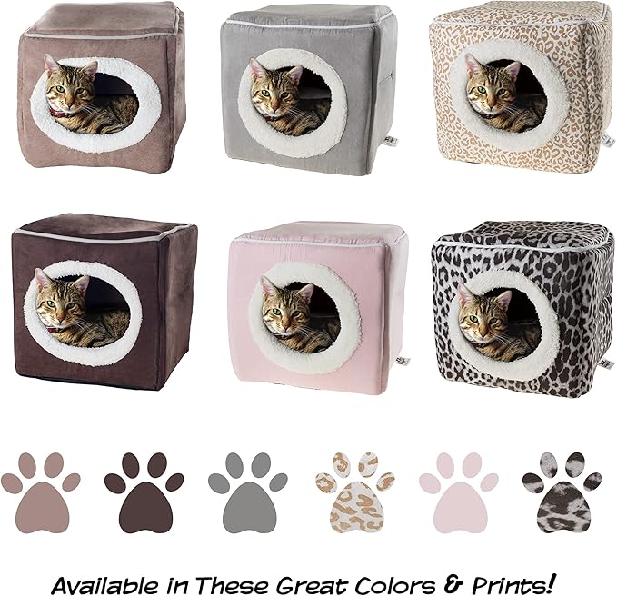 Cat Pet Bed Cave- Indoor Enclosed Covered Cavern/House for Cats Kittens and Small Pets with Removable Cushion Pad by PETMAKER 13x12x12