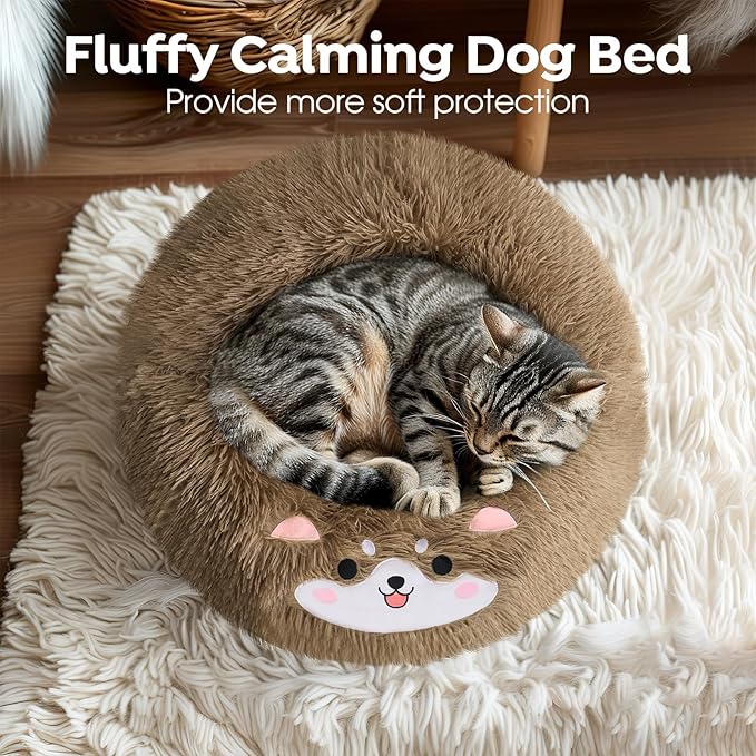 Veehoo Donut Calming Dog Beds for Medium Large Dogs-Round Cute Dog Bed Comfort Pet Bed 30" Camel