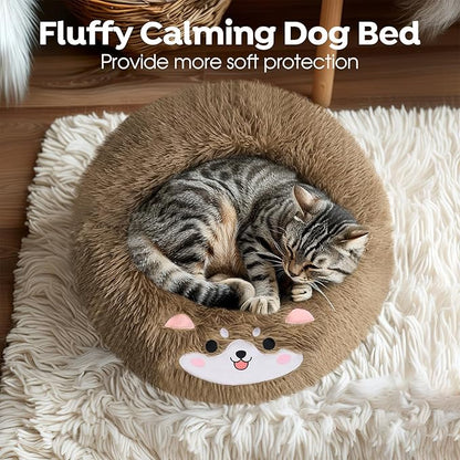 Veehoo Donut Calming Dog Beds for Medium Large Dogs-Round Cute Dog Bed Comfort Pet Bed 30" Camel