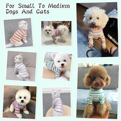 Small Medium Dog Clothes Rainbow Striped Dog Shirts Stretchable Long Sleeve Cat T-Shirt Pet Outfits for Chihuahua Yorkie Teddy (Green Edge