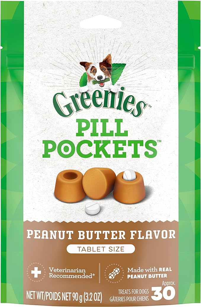 GREENIES PILL POCKETS for Dogs Tablet Size Natural Soft Dog Treats with Real Peanut Butter, 3.2 oz. Pack (30 Treats)