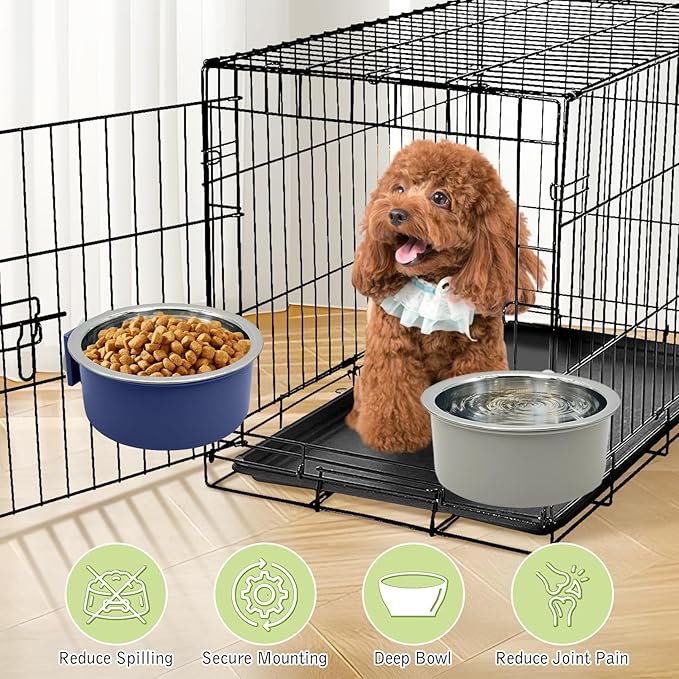 Tfwadmx 2 Pcs Crate Dog Bowl Cat Removable Stainless Steel Food and Water Feeder Hanging Cage Bowls Coop Cup with Cleaning Set for Pet Puppy Bird Rat Guinea Pig Bunny Rabbit (Dark Blue, Gray)