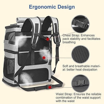 Expandable Cat Backpack Carrier for 2 Cats, Dog Backpack for 2 Small Pets Dogs, Cat Carrier for Large Cats Multiple Pets, Ventilation, Built-in Frame Support Plate and Safety Straps, Foldable, Grey