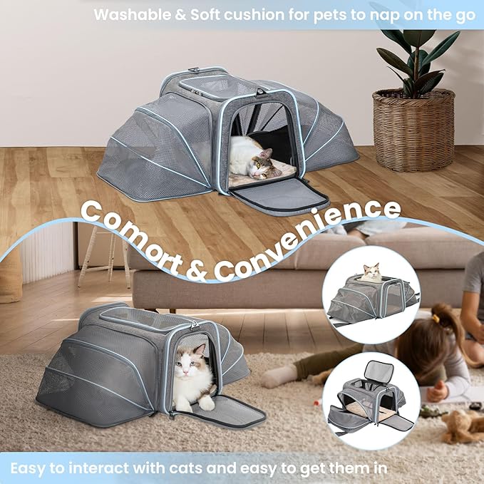 Petsfit Expandable Large Cat Carrier Small Dog Carriers Airline Approved, 17" Lx 11" Wx 11" H Soft-Sided Portable Washable Pet Travel Carrier with 2 Extension for Kittens, Puppies, Rabbits