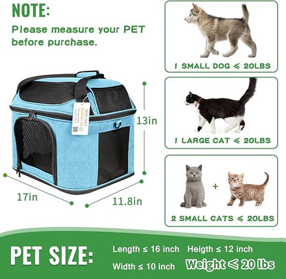 Large Cat Carrier for 2 Cats, Oeko-TEX Certified Soft Side Pet Carrier for Cat, Small Dog, Collapsible Travel Small Dog Carrier, TSA Airline Approved Cat Carrier for Large Cats 20 lbs, Blue