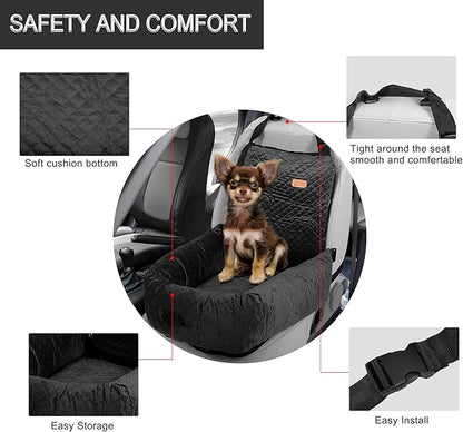 X AUTOHAUX Dog Car Pet Booster Seat Warm Flannel Puppy Bed Blankets Travel Safety Carriers Detachable Washable Cover with Seat Belt for Medium Small Sized Pet Cat Up to 35lbs Black