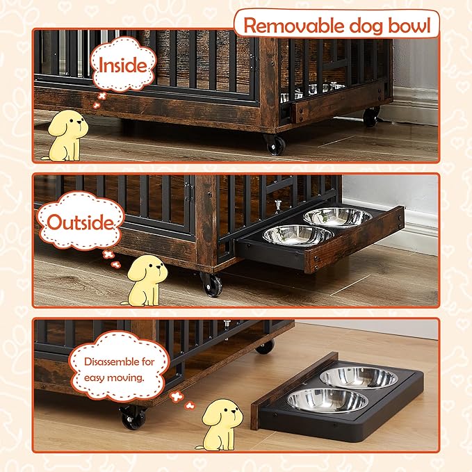 NicBex Dog Crate Furniture Dog Cage with Adjustable Feeding Bowls and 3 Doors