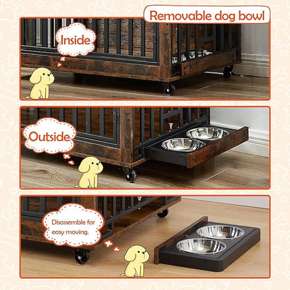NicBex Dog Crate Furniture Dog Cage with Removable Feeding Bowls and 3 Doors