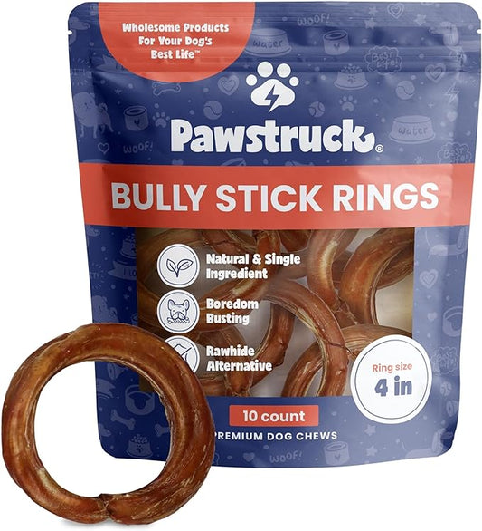 Pawstruck All-Natural 4" Bully Stick Rings for Dogs - Rawhide Free 100% Beef Single Ingredient Dental Chew Treat Bones - Fully Digestible Low Odor - 10 count - Packaging May Vary