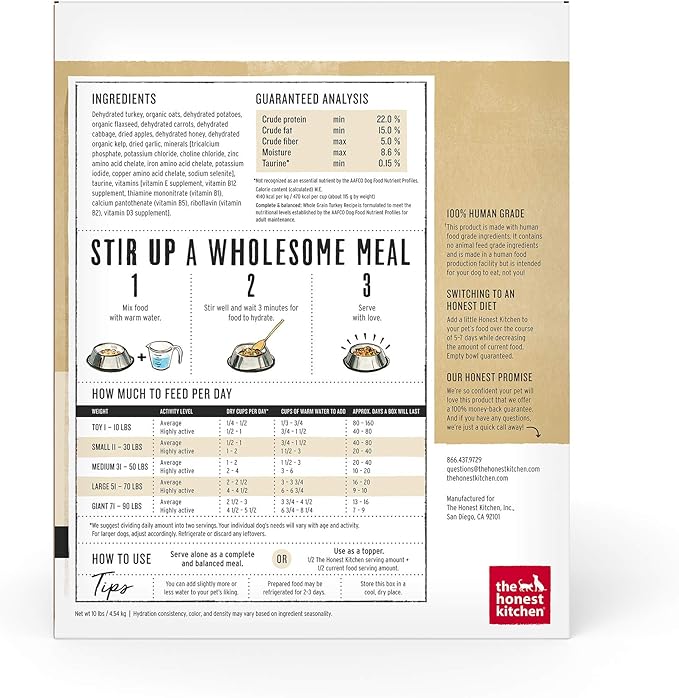 The Honest Kitchen Human Grade Dehydrated Whole Grain Dog Food – Complete Meal or Dog Food Topper – Turkey 10 Pound 1) (makes 40 lbs)