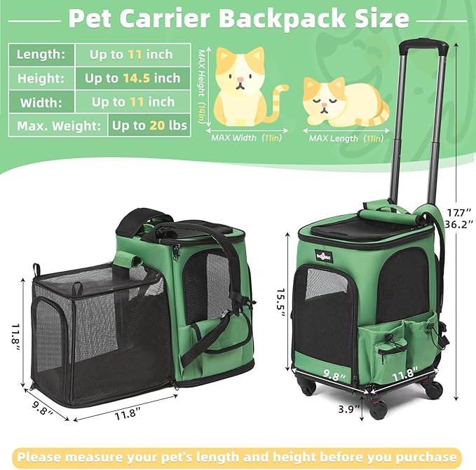 Cat Carrier Backpack with Wheels, Expandable Rolling Pet Carrier with Breathable Mesh, Removable Cat Dog Backpack Carrier with Storage Pocket for Small Medium Cat Dog Under 20LBS