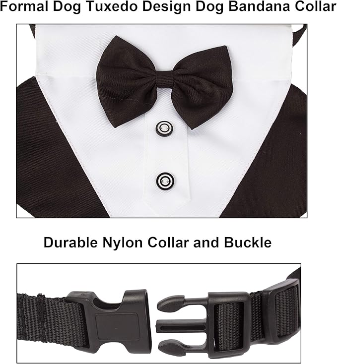 ADOGGYGO Formal Dog Tuxedo Wedding Dog Bandana Collar Dog Collar with Bow Tie Adjustable Dog Bowtie Collar Bandana for Small Medium Large Dog Pet (Medium